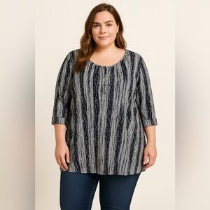 CJ Banks Womens Blouse Plus Sz 3X Black White Gray Houndstooth Stripe Top Shirt